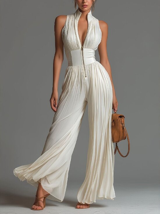 Pants - Women's White Pleated Halter Wide-Leg Jumpsuit